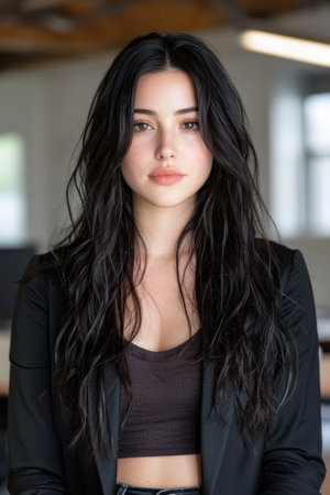 Confident young woman with long dark hairの素材