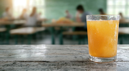 refreshing orange juice drink on wooden tableの素材