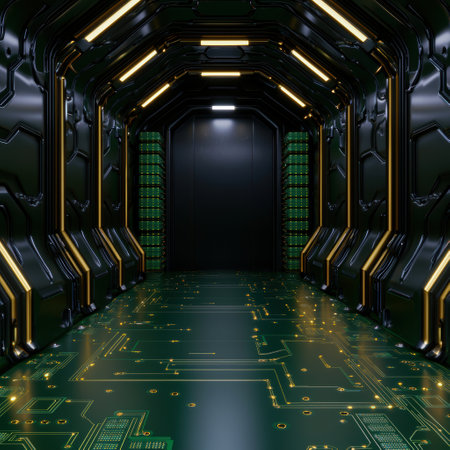 Futuristic sci-fi corridor with glowing lightsの素材