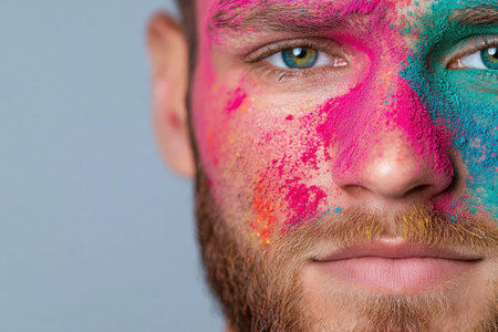Colorful face paint on a man's faceの素材