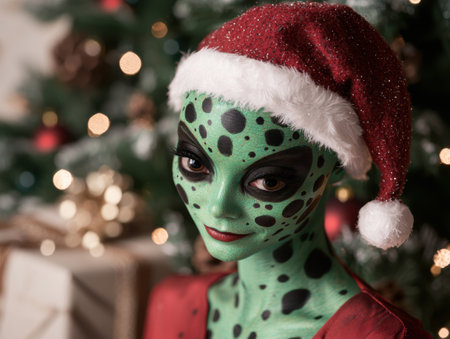 Festive alien creature in santa hatの素材