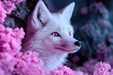 Stunning white fox with vibrant pink flowersの素材