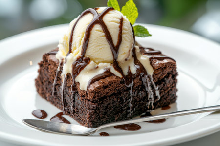 Delicious chocolate brownie with ice cream and chocolate sauceの素材