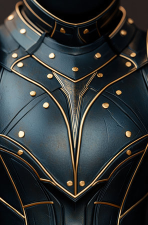 close-up of a futuristic armor or costume with intricate golden detailsの素材