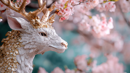 Ornate golden deer statue surrounded by blooming cherry blossomsの素材