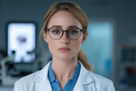 Portrait of a serious female doctor in a medical officeの素材