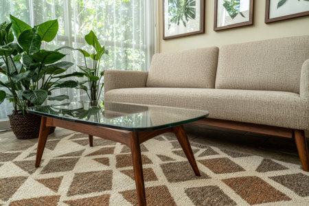 cozy living room with plants and patterned rugの素材