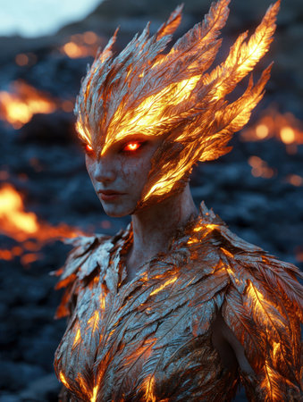 Fiery fantasy creature with glowing feathers and eyesの素材