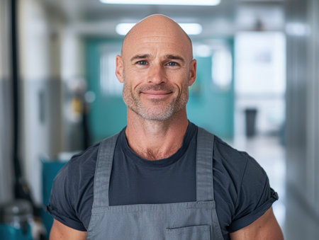 Smiling bald man in overallsの素材