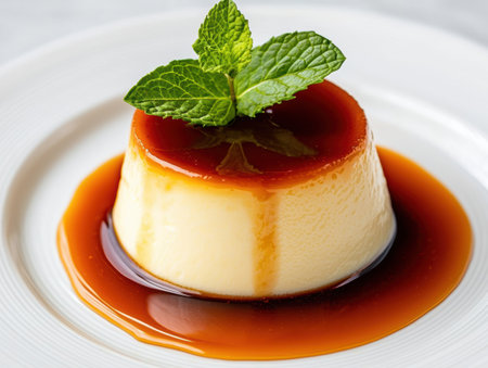 Delicious custard dessert with caramel sauce and mint garnishの素材