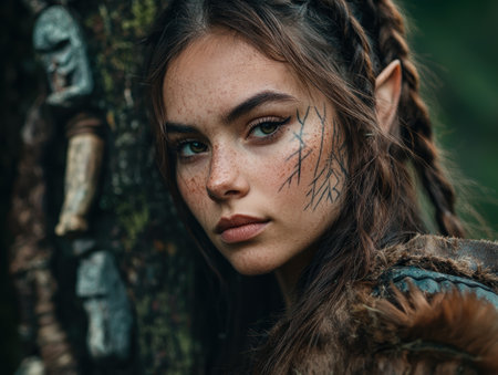 Mysterious forest warrior with face paintの素材
