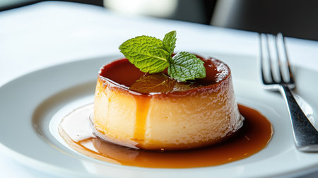 Delicious creme caramel dessert with mint garnishの素材