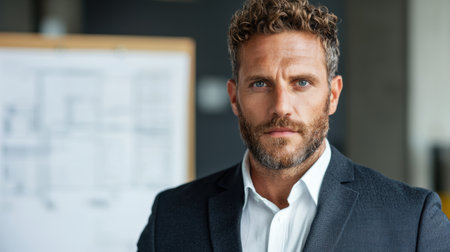 Serious businessman with beard and curly hair in front of whiteboardの素材