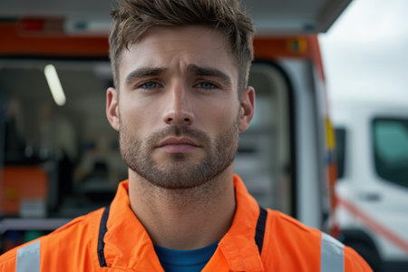 serious worker in orange safety vestの素材