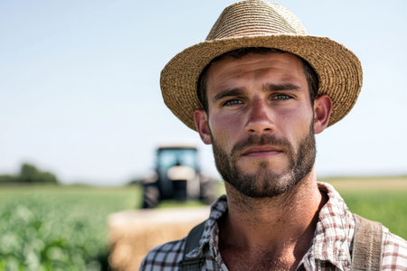 Hardworking farmer in straw hat on rural fieldの素材