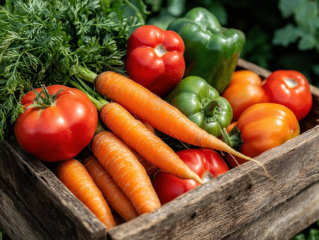 Assortment of fresh vegetables in wooden crateの素材