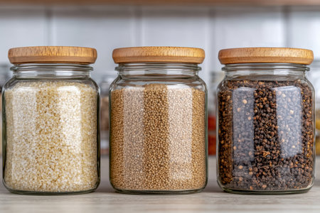 Assortment of grains and spices in glass jarsの素材