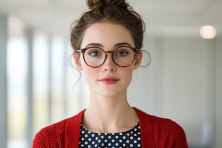 young woman with glasses and red sweaterの素材