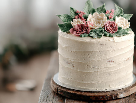 Elegant floral cake with buttercream frosting and decorative flowersの素材