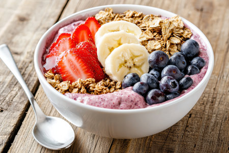 Healthy breakfast bowl with granola, berries, and bananaの素材