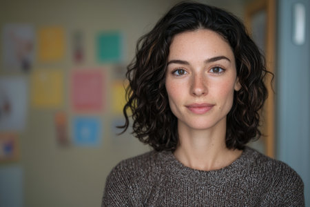 Portrait of a young woman with curly dark hairの素材