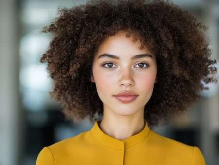 Confident woman with curly hair in yellow topの素材