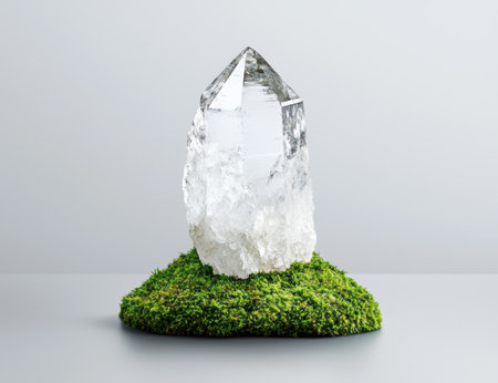 Majestic crystal quartz on moss-covered rockの素材
