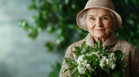 Smiling senior woman holding bouquet of flowersの素材
