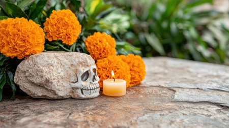 Marigold flowers and skull candle on stoneの素材