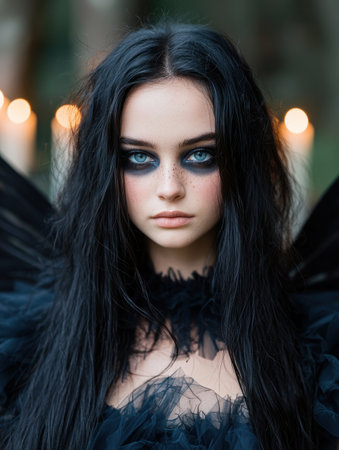Mysterious woman with dark hair and intense gazeの素材