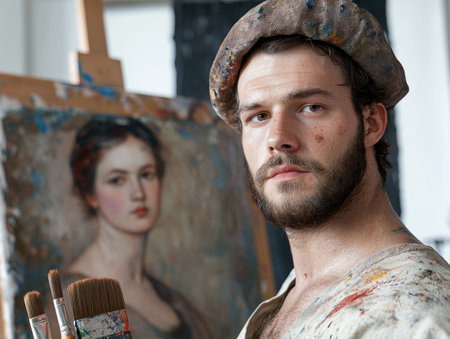 bearded artist painting portrait in studioの素材
