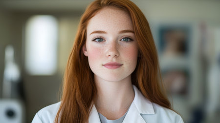 Thoughtful young woman with red hair and frecklesの素材