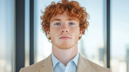 portrait of a young man with curly red hairの素材