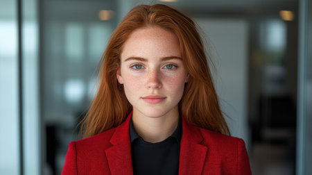 Confident young woman in red jacketの素材