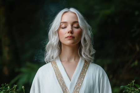 Serene woman in white robe with eyes closedの素材