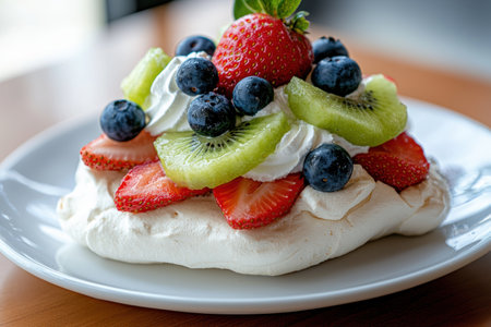 Delicious fruit dessert with meringue and berriesの素材