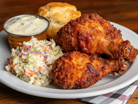 Delicious southern-style fried chicken with coleslaw and biscuitsの素材