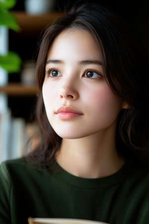 pensive young woman with dark hairの素材