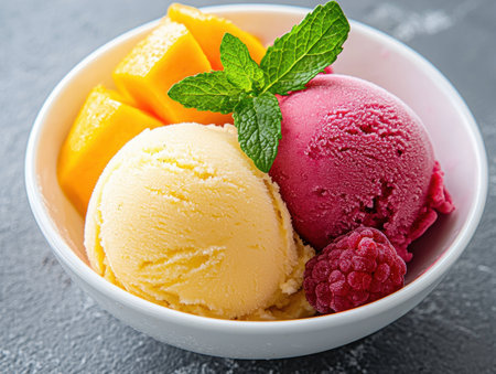Colorful ice cream scoops with fresh fruit garnishの素材