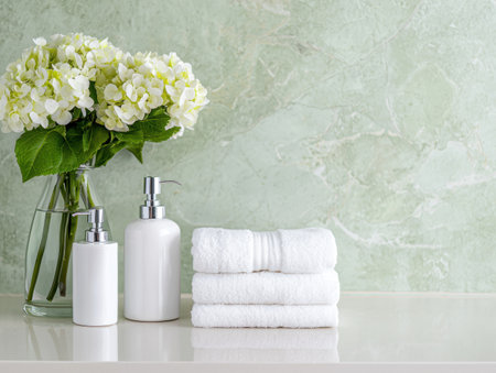 Elegant bathroom decor with fresh white hydrangeasの素材