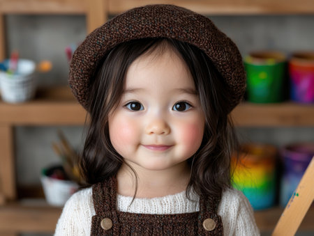 Adorable young girl in knit hatの素材