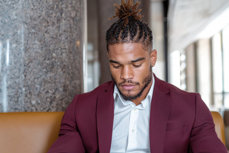 Thoughtful young businessman in burgundy suitの素材