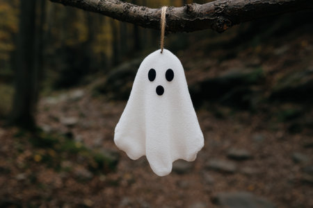 Spooky ghost hanging from tree branchの素材