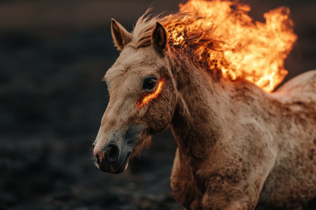 Fiery horse portrait in the darkの素材