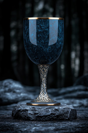Ornate glass goblet on a dark rocky surfaceの素材