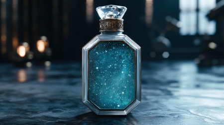 Sparkling glass perfume bottle on water surfaceの素材