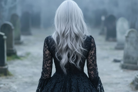 mysterious woman with long silver hair in a dark lace dressの素材