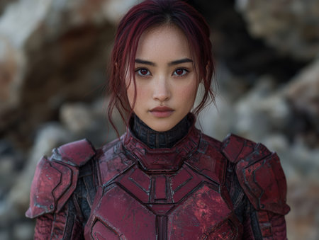 futuristic warrior woman in red armorの素材