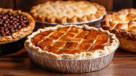 Delicious homemade pies on a wooden tableの素材