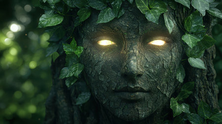 Mysterious forest spirit with glowing eyesの素材